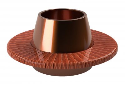 Copper circular cone plant pot with wooden bench seating around the external circumference