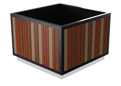 Large cube plant pot with multi-coloured wooden vertical panels around each external. Lights underneath edge. Indented section near bottom where lights are placed.