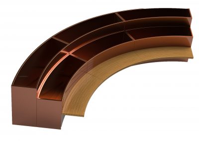Curved double planter with varying height and bench attached to inner edge. Copper with wooden bench
