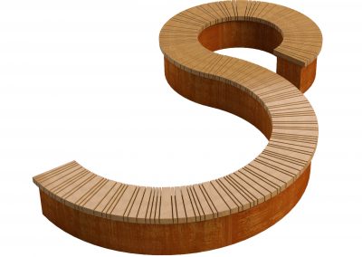 S shaped wooden bench, made with wooden slats